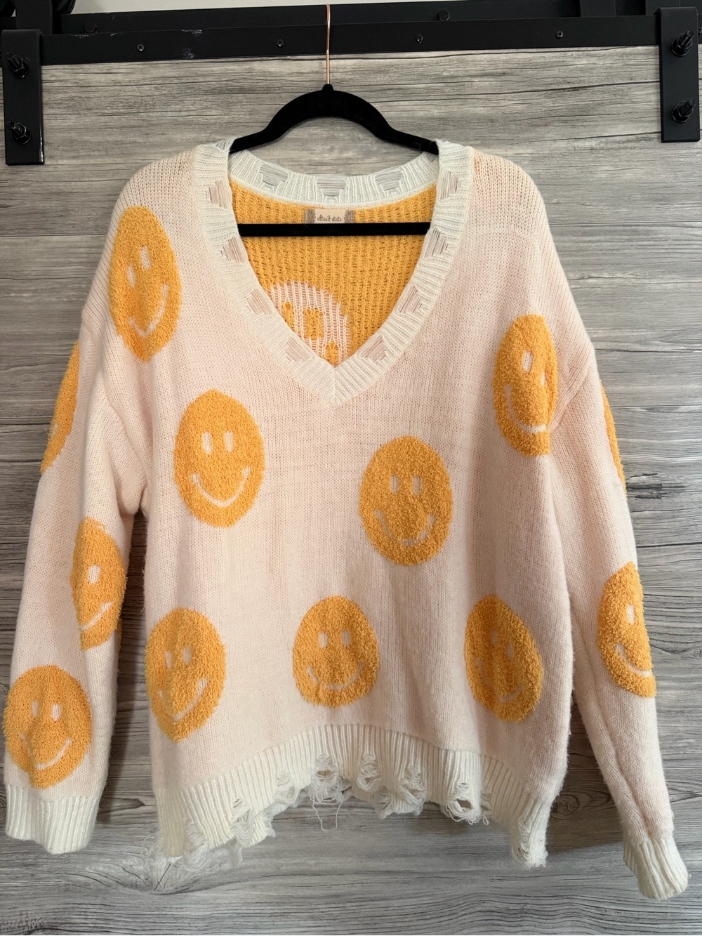 Altar'd State Cream Sweater with Yellow Smiley Motifs
